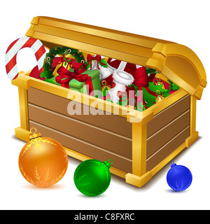 Illustration du coffre au trésor rempli de friandises de Noël sur fond blanc Banque D'Images