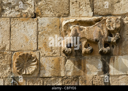 Emblème héraldique de Mamluk Sultan Baybars en forme de lion Sur la porte du Lion du XVIe siècle ou la porte Saint-Étienne également Bab al-Asbat dans le mur ottoman situé à l'est Bord de la vieille ville de Jérusalem Israël Banque D'Images