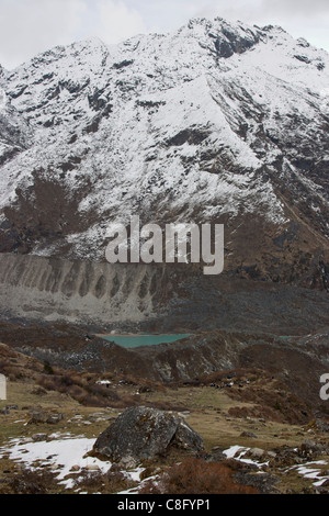 Glacier avec grande moraine latérale et d'un lac dans la moraine terminale Banque D'Images