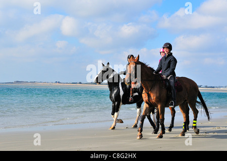 Les cavaliers et chevaux bénéficiant d'un trajet sur une journée d'octobre ensoleillée le long de West Wittering beach, West Sussex, England, UK Banque D'Images