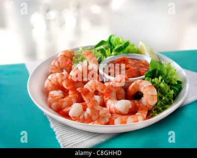 Crevettes géantes cuites et salade Banque D'Images