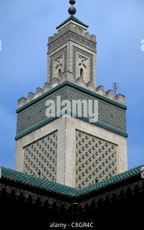 Minaret de la Grande Mosquée de Paris, construite en 1926. Banque D'Images