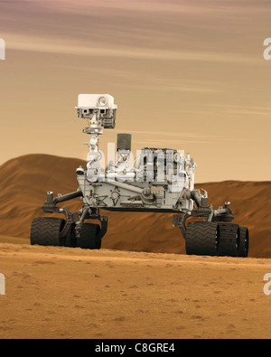 Concept artistique du rover Curiosity de la NASA, conçu pour explorer la surface de mars et étudier le potentiel de vie microbienne. Le rover est équipé d'instruments scientifiques pour étudier le terrain, l'atmosphère et les rochers martiens. Banque D'Images