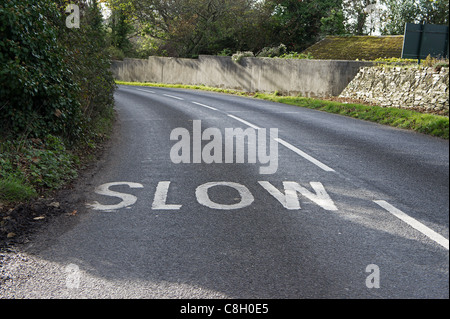 Un lent signe peint dans la route près d'un virage, uk Banque D'Images