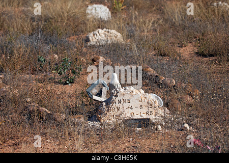 Tombes et les mauvaises herbes en cimetière négligé, envahie par les mauvaises herbes, des rochers et des pierres autour de monticule de terre hill. Ancien cimetière des pionniers. Banque D'Images