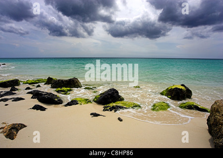 Face à la mer sur les rochers, sur la plage de Druif à Aruba , la mer des Caraïbes qui s'étend à la distance, un ciel nuageux au-dessus Banque D'Images