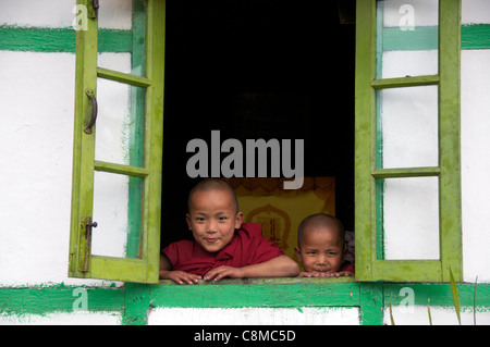 Deux jeunes moines en fenêtre Ling Bon Monastère Sikkim Inde Banque D'Images