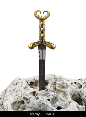 L'épée à la pierre est isolé sur fond blanc Banque D'Images