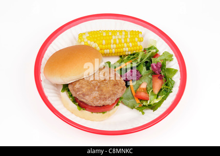 Hamburger de dinde avec de la laitue et la tomate en pain avec oreilles de maïs doux et de la salade en rouge panier plastique rétro sur fond blanc. Banque D'Images