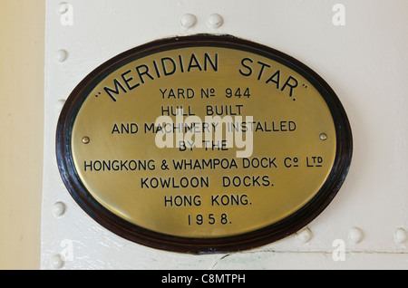 Close up de l'intérieur construire plaque sur le Meridian Star Ferry, le port de Victoria, Hong Kong, Chine Banque D'Images