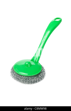 Scourer fil avec poignée en plastique vert sur fond blanc Banque D'Images