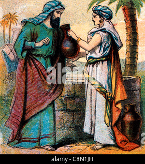 Histoires de la Bible- Illustration de Rebecca offrant de l'eau pour le serviteur d'Abraham Eliezer par le bien dans l'histoire de Isaac Genèse xxiv 1-28 Banque D'Images