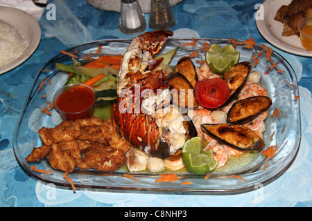 Plateau de fruits de mer, Fidos Bar, San Pedro, Ambergris Caye (aka La Isla Bonita/la belle île), barrière de corail, Belize, Caraïbes, Amérique Centrale Banque D'Images