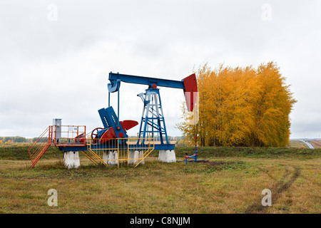 L'un des chevalets de pompage sur un champ de pétrole. Automne en Russie Banque D'Images