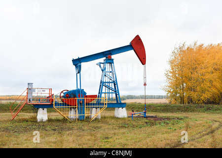 L'un des chevalets de pompage sur un champ de pétrole. Automne en Russie Banque D'Images