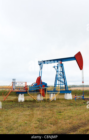 L'un des chevalets de pompage sur un champ de pétrole. Automne en Russie Banque D'Images