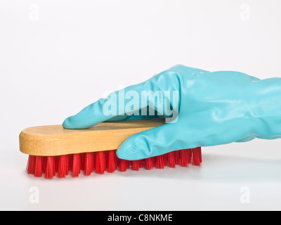 Une brosse à soies rouge est tenue avec des gants en caoutchouc Banque D'Images
