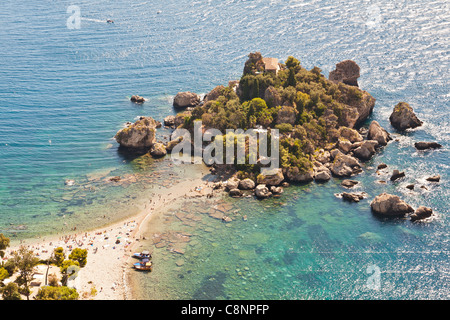 Vue de l'île Isola Bella, Baia dell'Isola Bella, Taormina, Sicile, Italie Banque D'Images