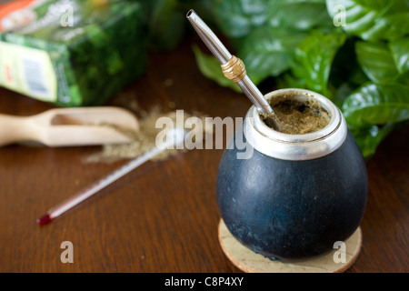 Au service de la yerba mate calebasse et une bombilla Banque D'Images