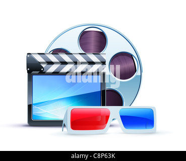 Illustration de fond cinéma 3d avec lunettes anaglyphes, Cocoon et une bobine de film Banque D'Images