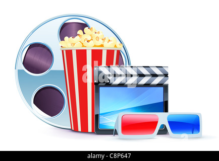 Illustration de l'arrière-plan de cinéma avec des lunettes 3D, pop-corn, Cocoon et une bobine de film Banque D'Images