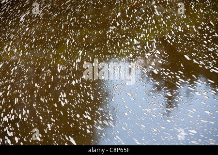 Close up de mousse blanche sur la rivière brune avec l'écoulement d'eau tourbillonnant Banque D'Images