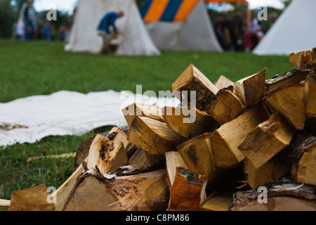 Une pile de bois de chauffage près du camp de personnes antiques au cours de festival de l'ancienne culture à Moscou, Russie Banque D'Images