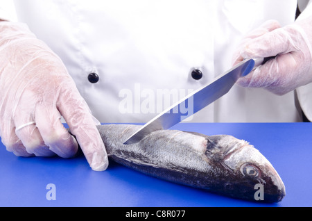 Femme cuisinière coupe une basse avant la cuisson Banque D'Images