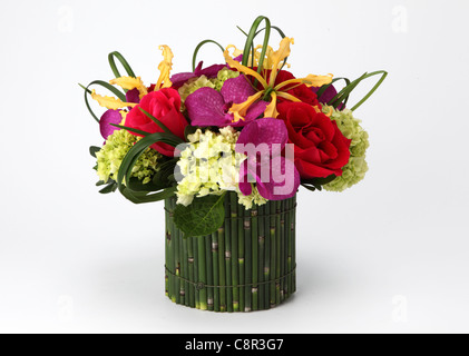 Un bouquet de fleurs dans un vase. Roses rouges, crème hortensia, orchidée jaune [Diplocentrus], orchidée pourpre [Vanda] Banque D'Images