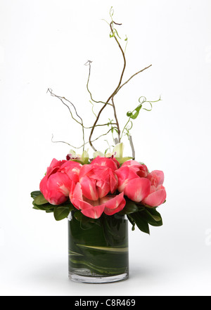 Un bouquet coloré de fleurs dans un vase. Pivoine rose [Paeonia var.], vert les orchidées cymbidiums Banque D'Images