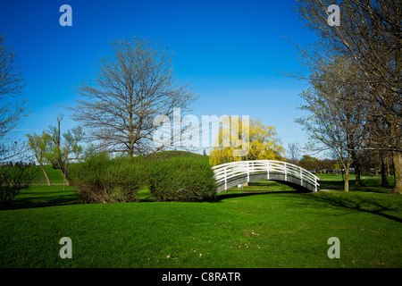 Un petit pont pied entre les arbres d'une herbe verte et luxuriante dans le pittoresque parc Mooney's Bay à Ottawa (Ontario) Canada. Banque D'Images