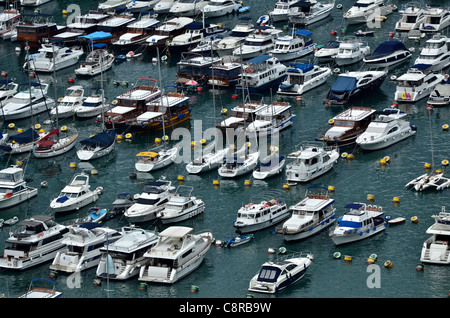 Junks, yachts et bateaux de plaisance sont amarrés à l'Aberdeen Typhoon abris et marina. Banque D'Images