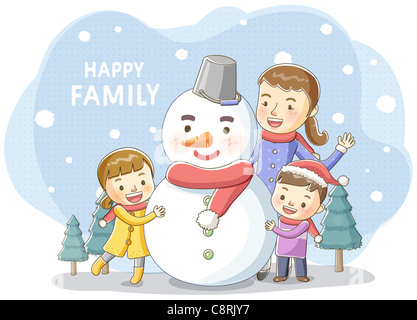 Illustration de la famille jouant avec snowman Banque D'Images