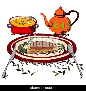 Pain avec de l'Olive et théière Banque D'Images