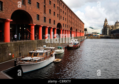 Albert Docks, Liverpool, Angleterre, Royaume-Uni, Grande Bretagne avec le foie des capacités dans la distance Banque D'Images