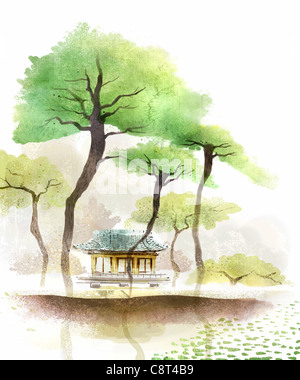 Maison traditionnelle de la Chine et de l'arbre Banque D'Images