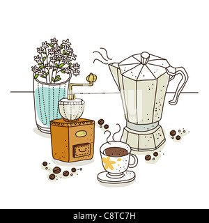 Café et cafetière sur fond blanc Banque D'Images