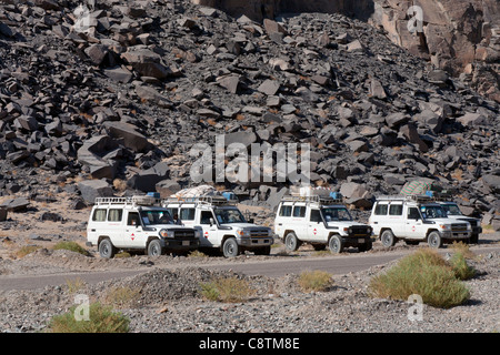 Long coup de quatre, quatre roues motrices véhicules stationnés dans une ligne dans le Wadi Hammamat Egypte Banque D'Images