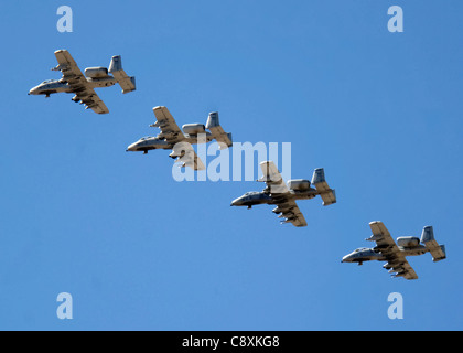 Quatre A-10 Thunderbolt IIS s'envolent dans la base aérienne de Davis-Monthan, en Arizona, le mercredi 22 mars 2006, pour lancer le début de 'Hawgfume 2006,' le 30ème anniversaire de la Warthog. Hawgfume est un concours biennal de bombardement et de fusillades tactiques de l'A-10, au cours duquel 20 escadrons du monde entier se réunissent pour voler le Warthog et se disputer l'honneur du « meilleur des meilleurs » en matière d'attaque au sol et de destruction de cibles. Banque D'Images