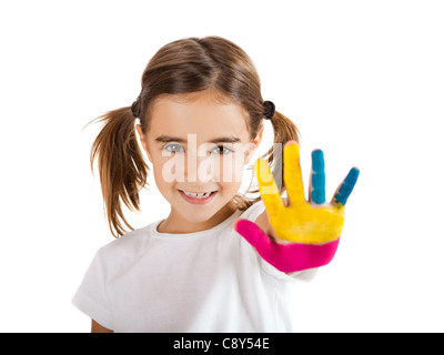 Petite fille avec la main peinte, isolated on white Banque D'Images