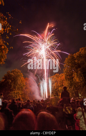 Regarder la foule d'artifice le 4 novembre 2011 pour célébrer la nuit de Guy Fawkes. Champs Corams, Bloomsbury, Camden, London, England Banque D'Images