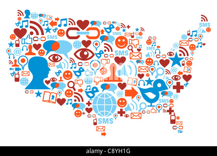 Social media icons set en forme de carte des Etats-unis illustration Banque D'Images