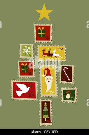 Arbre de Noël ​​Of timbres de Noël multicolores avec une étoile jaune sur le dessus sur fond gris. Fichier vecteur disponible. Banque D'Images