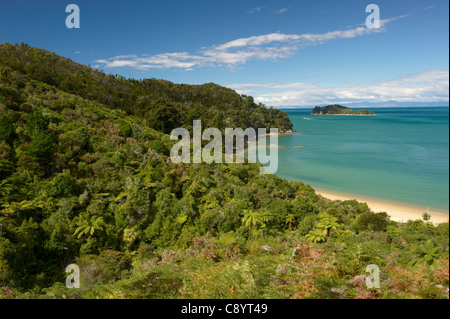 Coquille Bay et l'Île de pêcheurs, parc national Abel Tasman, île du Sud, Nouvelle-Zélande. Banque D'Images