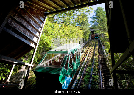 Une voiture sur l'eau- Funiculaire équilibré cliff railway, l'un des chemins de falaise la plus raide du monde, avec une pente de 35 degrés au Centre for Alternative Technology, ou chat, en Machynlleth, Powys, au nord du Pays de Galles, Royaume-Uni. Banque D'Images