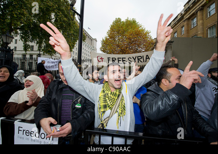 Les gens de demander de l'un en face de la Syrie recueillir Downing Street, Londres, 5 novembre 2011. Banque D'Images