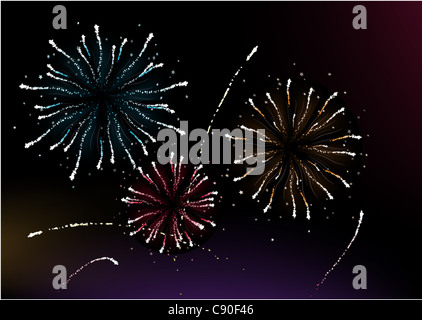 Illustration des différents types d'artifice illumine le ciel en arrière-plan noir. Grande célébration de fêtes et de travaux publics. Banque D'Images