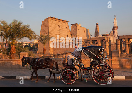 Cheval et sa voiture en face de temple de Louxor, Louxor, Thèbes antique, l'Egypte, l'Afrique Banque D'Images