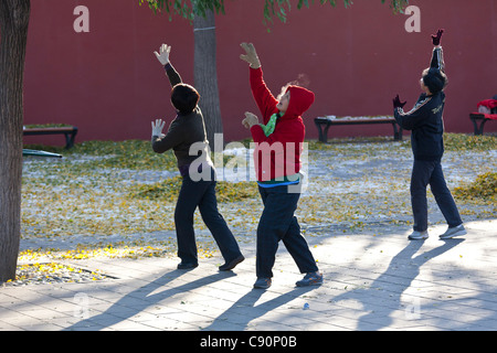 Matin le sport au Parc Jingshan, danseurs l'exercice tôt le matin, Beijing, République populaire de Chine Banque D'Images