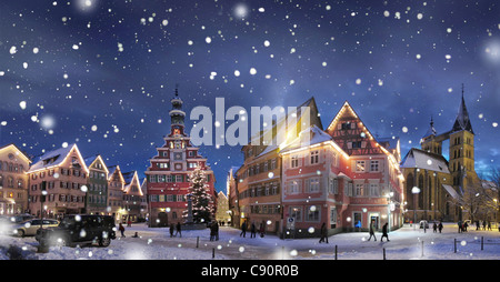 Neige, Panorama de nuit, ESSLINGEN AM NECKAR, Bade-Wurtemberg, Allemagne Banque D'Images